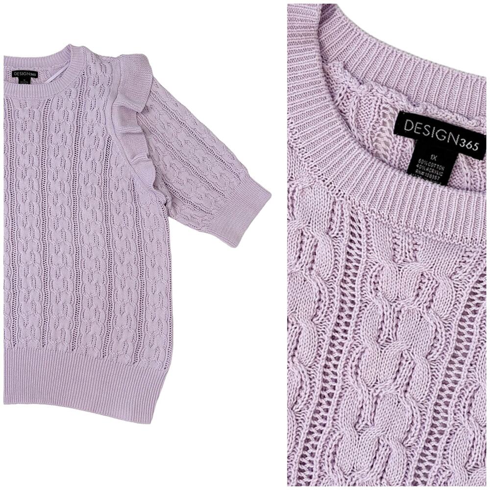 Lavender Cable Knit Sweater Womens 1X Ruffle Shoulder Cottagecore Feminine